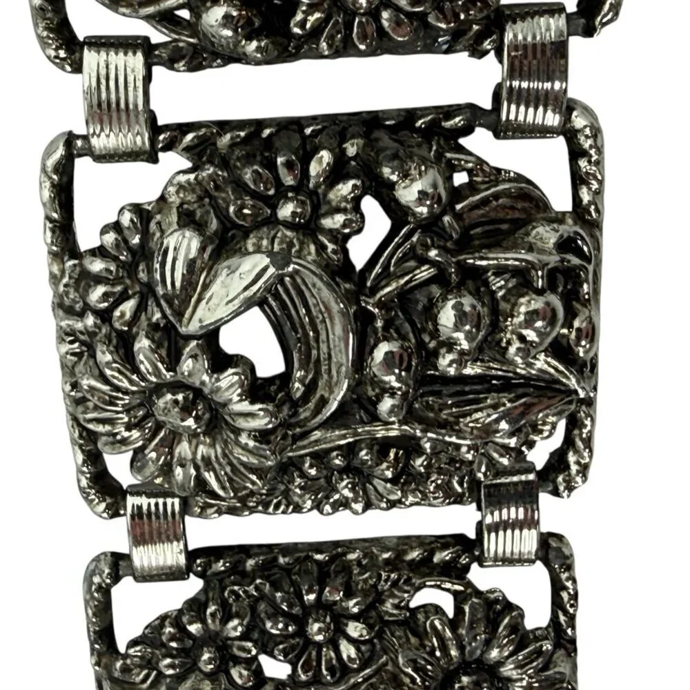 Vintage Sarah Coventry Floral SilverTone Panel Bracelet Antique Garden Sunflower